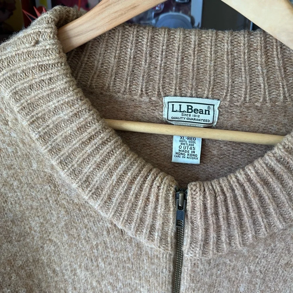 Vintage L.L.Bean Tan Shetland Wool Zip Sweater Men’s XL Distressed
